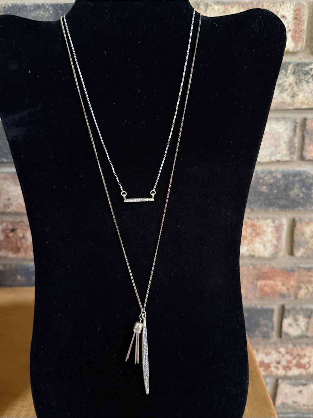 Vintage two tone double strand rhinestone bar and pendant necklace